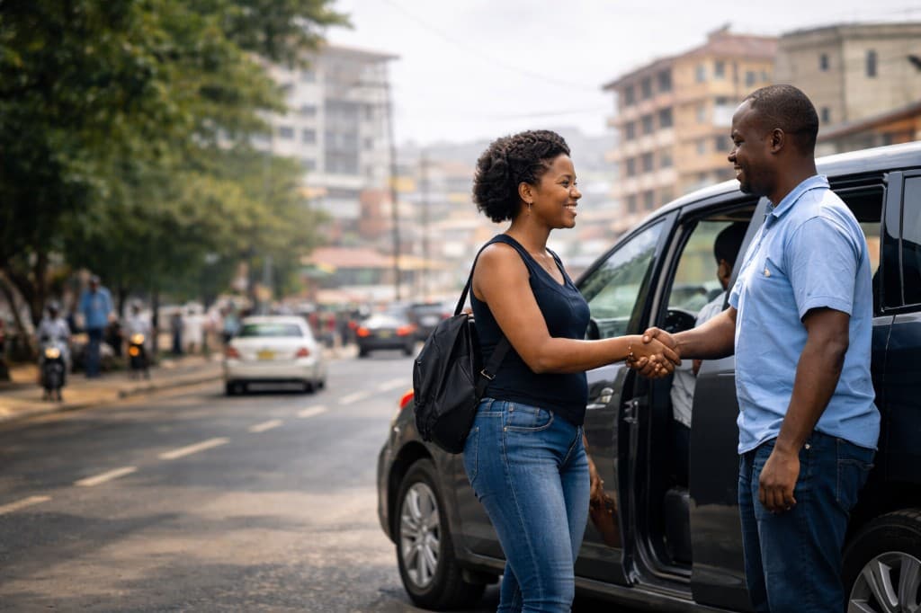 A rider greeting her driver beside a car on a busy Freetown street