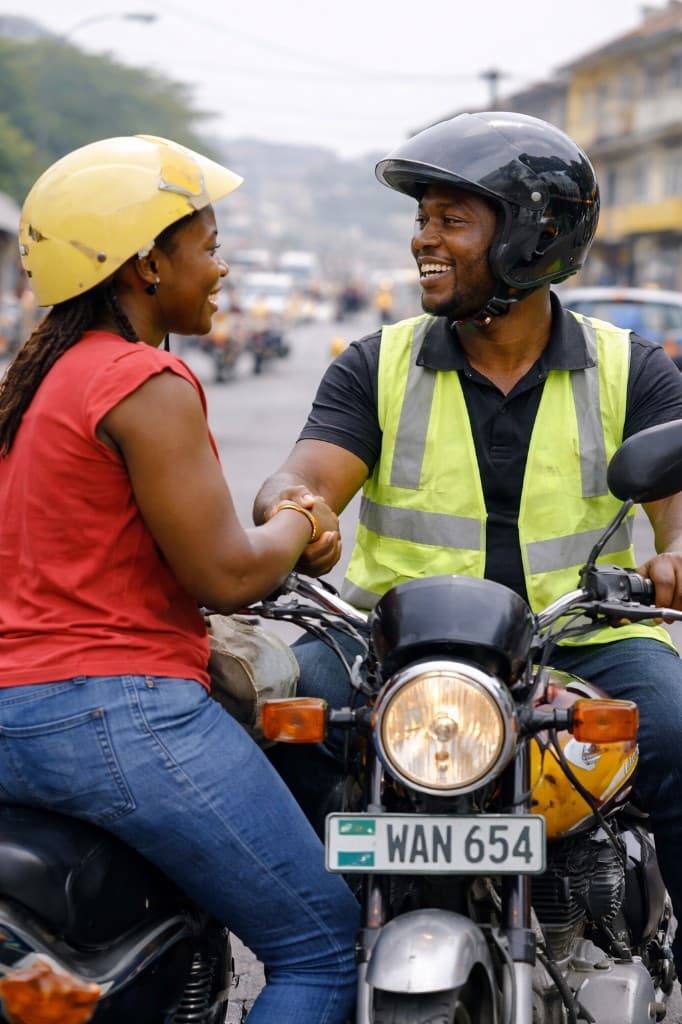 A rider and an okada driver shaking hands