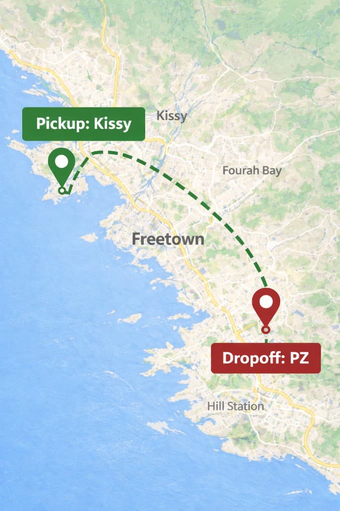 Map of Freetown showing a clear pickup at Kissy and dropoff at PZ