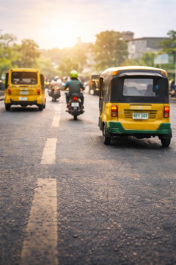 Sunset on a Freetown street with a motorcycle and yellow keke