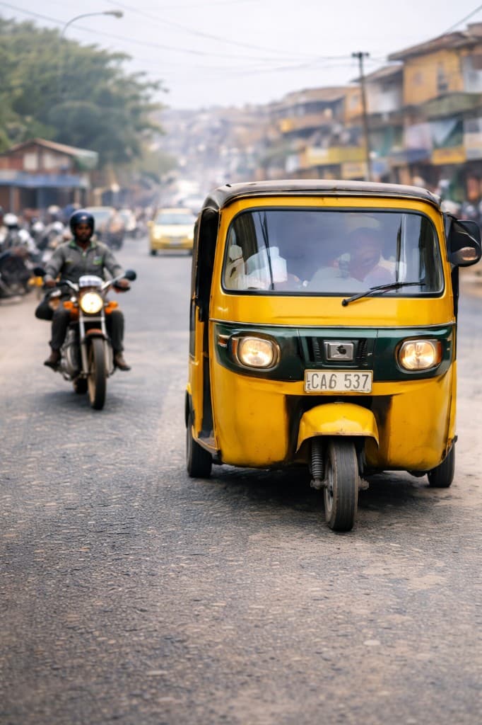 A bright yellow keke on a busy Sierra Leone street